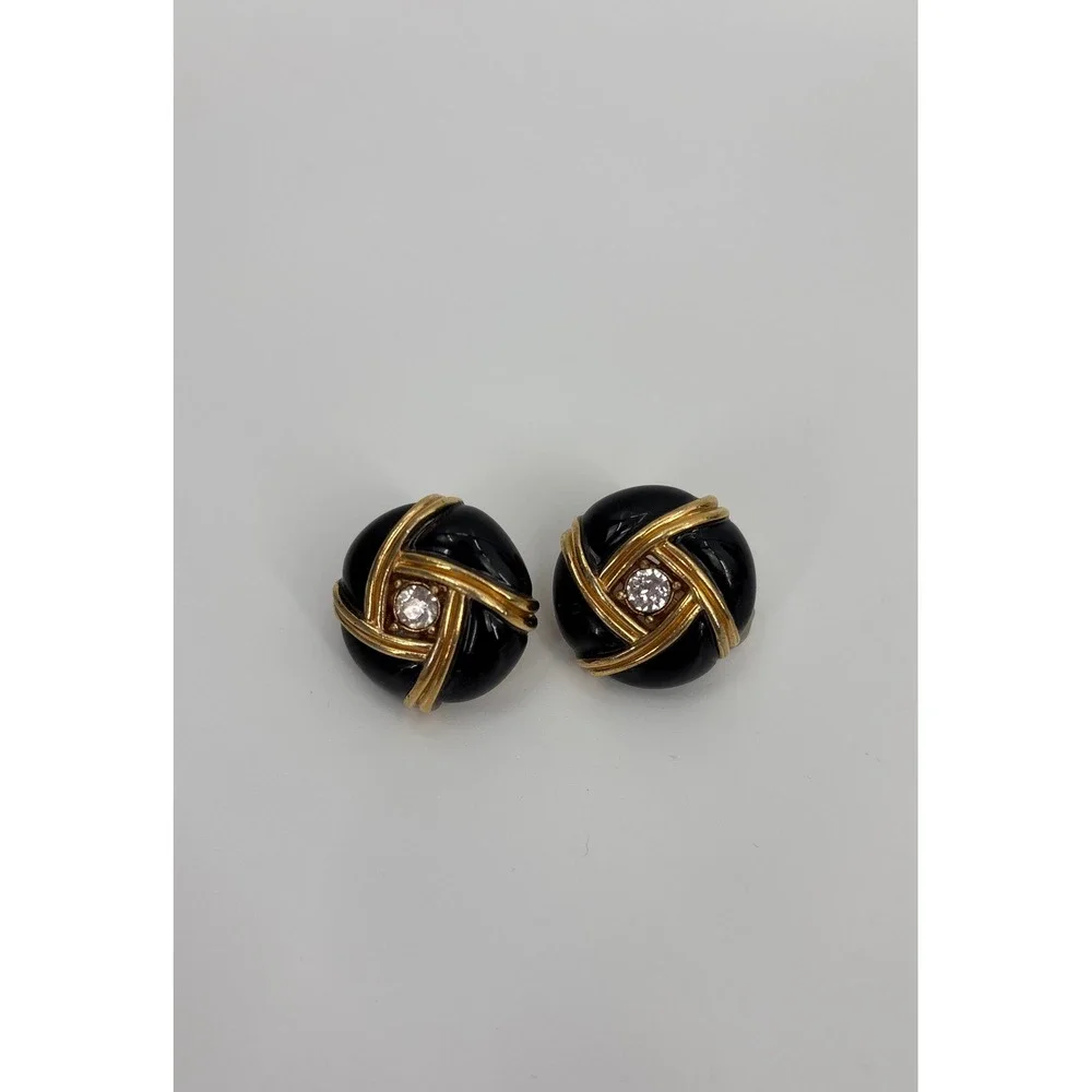 B46 Ciner Vintage Signed Black & Gold Clip On Earrings Rhinestone Knot Enamel